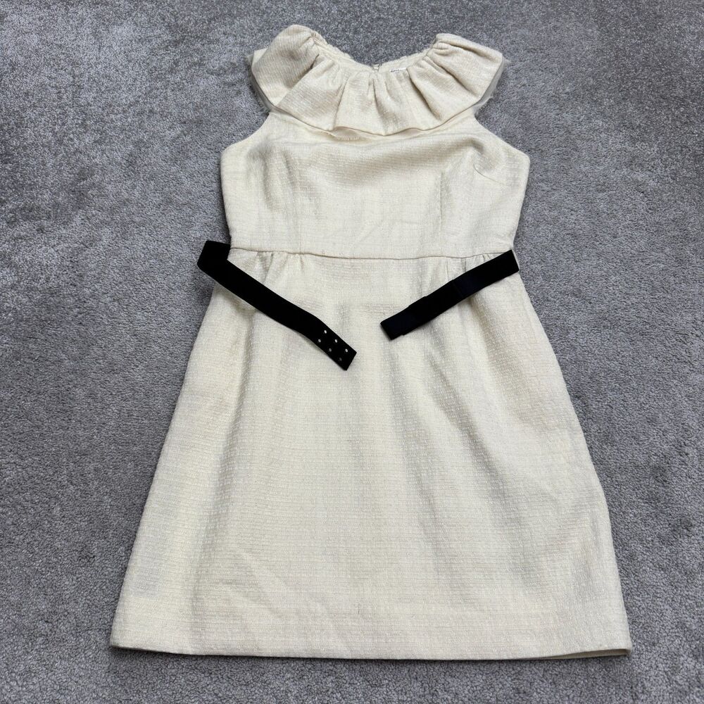 Milly New York Belted Sheath Dress Women 12 Ivory Sparkly Wool Blend Ruffle Neck